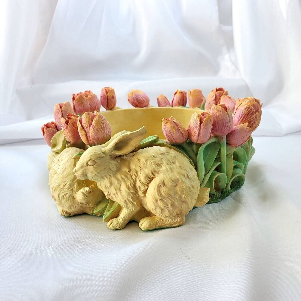 VTG Decorative Easter Rabbit & Tulip Design Bowl Spring Time Planter Candy Dish - Picture 8 of 16